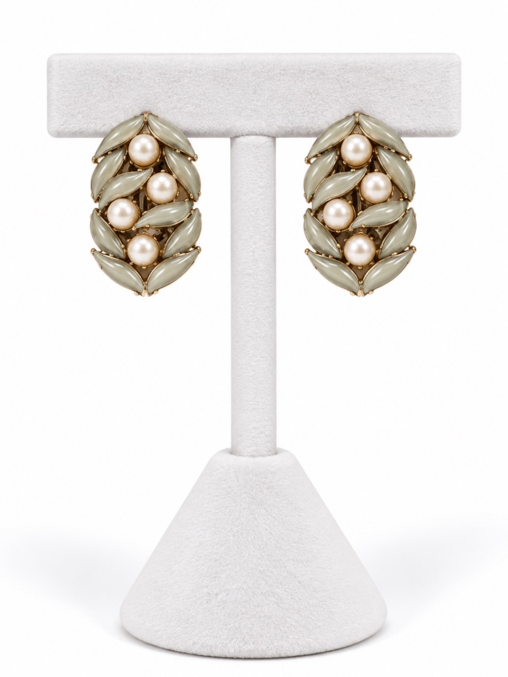 CHAREL Vintage White Enamel Leaves and Faux Pearl Clip-On Earrings